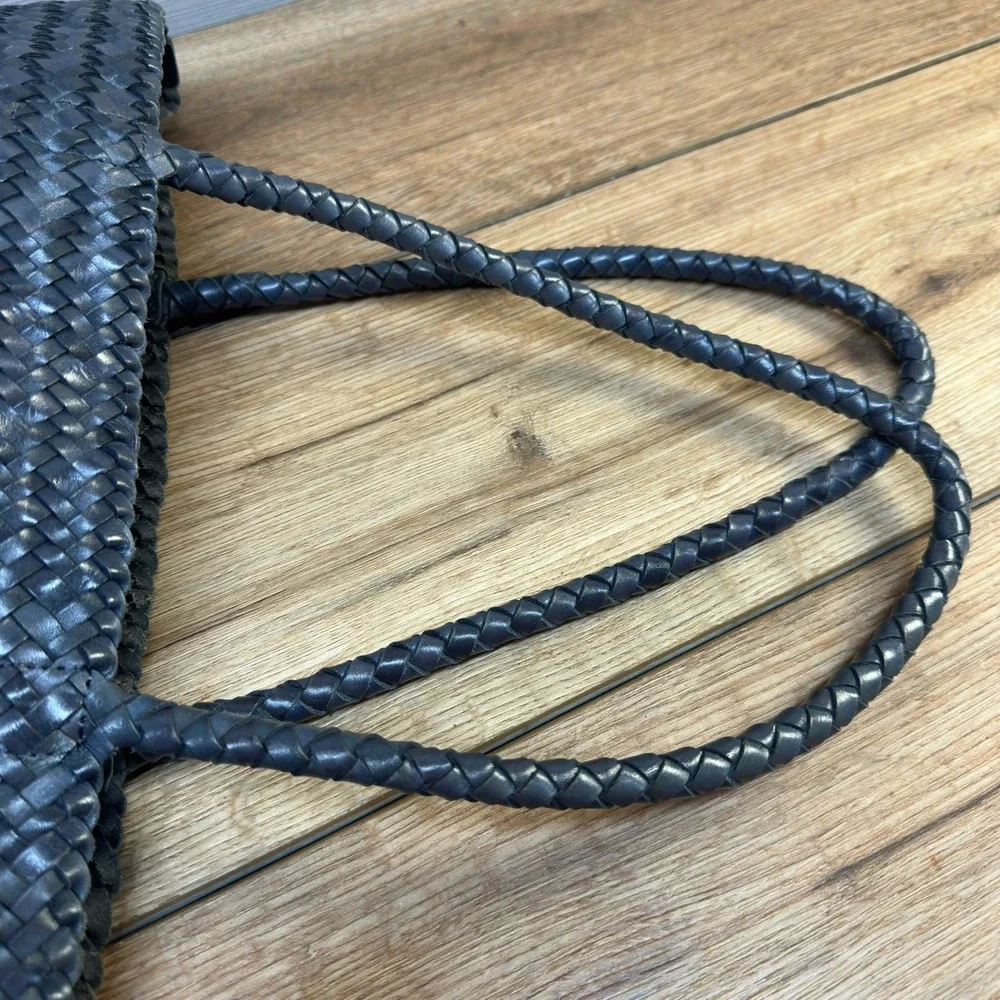 Madewell Navy Woven Genine Leather Tote Large Braided Handle Beach Marine Boho - Picture 10 of 16